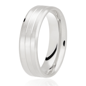 9ct White Gold Satin Flat Court With 2 Diamond Cut Tramlines And Angled Bevelled Edge Wedding Ring - E Bixby Jewellers