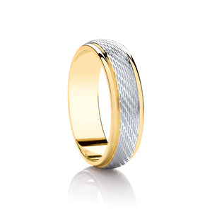 9ct White And Yellow Gold Plain Yellow Gold Polished Edge With White Gold Patterned Centre 4mm Wedding Ring - E Bixby Jewellers