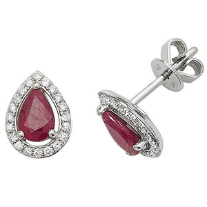 9ct White Gold Diamond & Ruby Halo Pear Stud Earrings - E Bixby Jewellers
