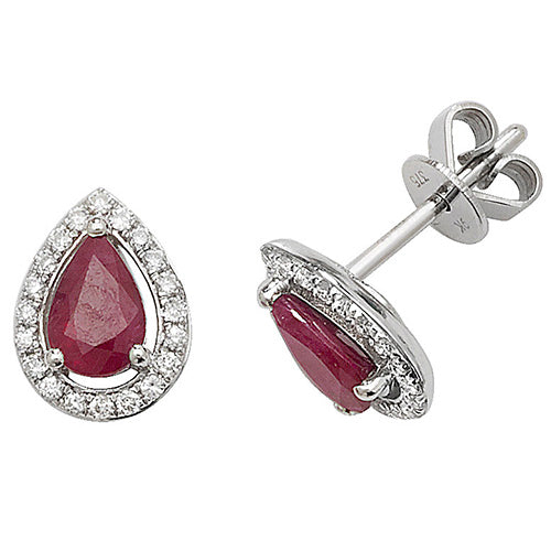 9ct White Gold Diamond & Ruby Halo Pear Stud Earrings - E Bixby Jewellers