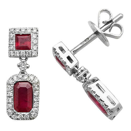 9ct White Gold Diamond & Ruby Drop Earrings - E Bixby Jewellers