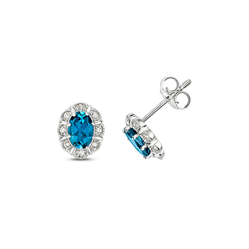 9ct White Gold Diamond & Oval London Blue Topaz Stud Earrings - E Bixby Jewellers