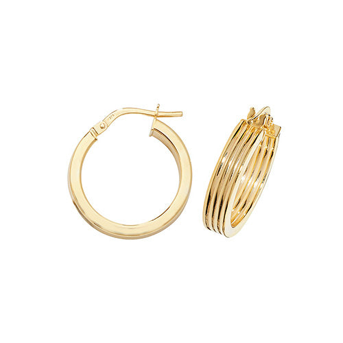 9ct Yellow Gold 15mm Ridge Plain Hoop Earrings - E Bixby Jewellers