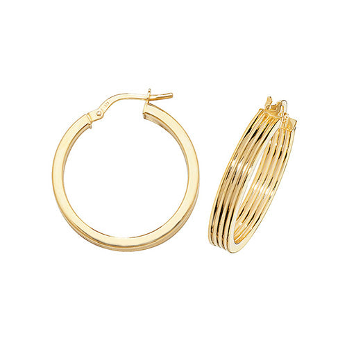 9ct Yellow Gold 20mm Ridge Plain Hoop Earrings - E Bixby Jewellers