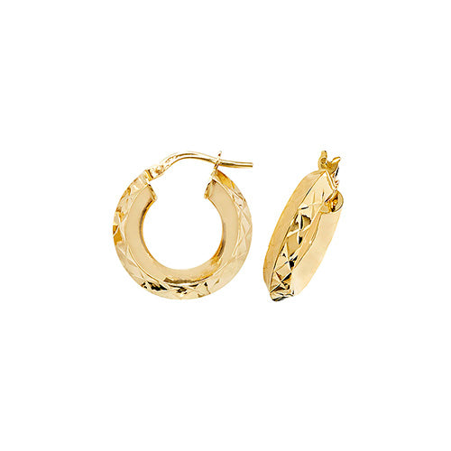9ct Yellow Gold 10mm Diamond Cut Hoop Earrings - E Bixby Jewellers