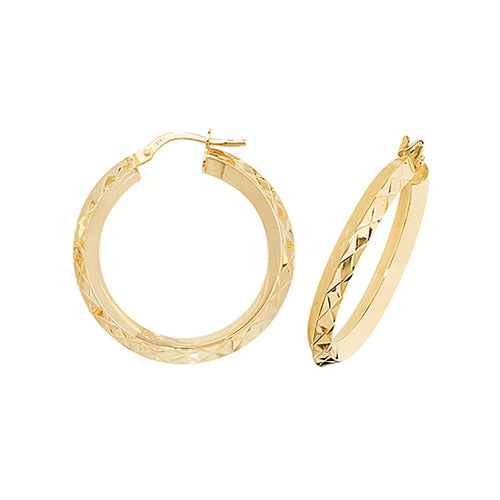 9ct Yellow Gold 20mm Diamond Cut Hoop Earrings - E Bixby Jewellers