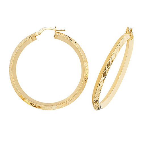 9ct Yellow Gold 30mm Diamond Cut Hoop Earrings - E Bixby Jewellers