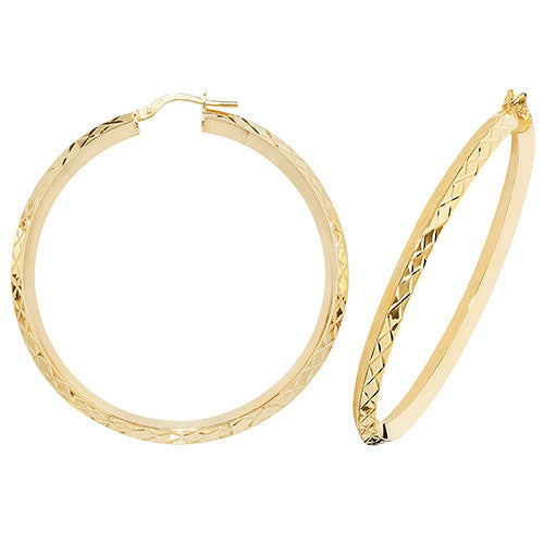 9ct Yellow Gold 40mm Diamond Cut Hoop Earrings - E Bixby Jewellers