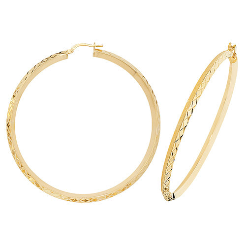 9ct Yellow Gold 50mm Diamond Cut Hoop Earrings - E Bixby Jewellers