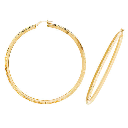 9ct Yellow Gold 60mm Diamond Cut Hoop Earrings - E Bixby Jewellers