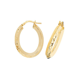 9ct Yellow Gold Oval Diamond Cut Hoop Earrings - E Bixby Jewellers