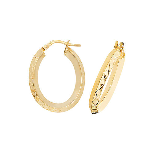 9ct Yellow Gold Oval Diamond Cut Hoop Earrings - E Bixby Jewellers