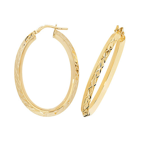 9ct Yellow Gold Oval Diamond Cut Hoop Earrings - E Bixby Jewellers