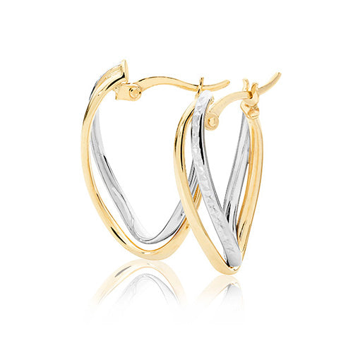 9ct Yellow And White Gold 12mm Two Tone Oval Band Diamond Cut Hoop Earrings - E Bixby Jewellers