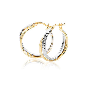 9ct Yellow And White Gold 18mm Narrow Two Tone Band Diamond Cut Hoop Earrings - E Bixby Jewellers