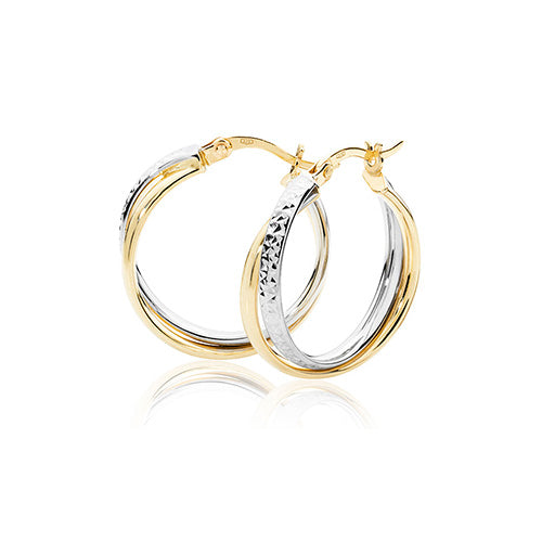 9ct Yellow And White Gold 18mm Narrow Two Tone Band Diamond Cut Hoop Earrings - E Bixby Jewellers