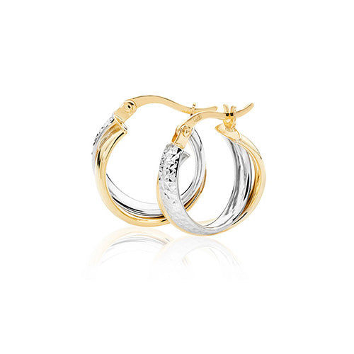 9ct Yellow And White Gold 12mm Two Band Diamond Cut Hoop Earrings - E Bixby Jewellers