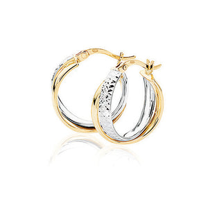 9ct Yellow And White Gold 15mm Two Tone Band Diamond Cut Hoop Earrings - E Bixby Jewellers