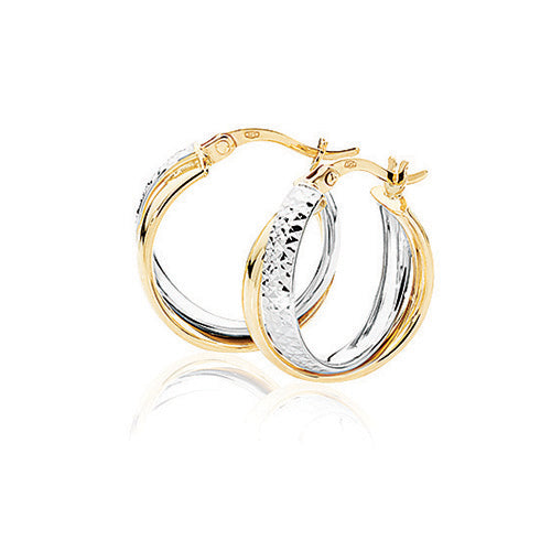 9ct Yellow And White Gold 15mm Two Tone Band Diamond Cut Hoop Earrings - E Bixby Jewellers