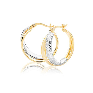 9ct Yellow And White Gold 18mm Jumbo Two Tone Band Diamond Cut Hoop Earrings - E Bixby Jewellers