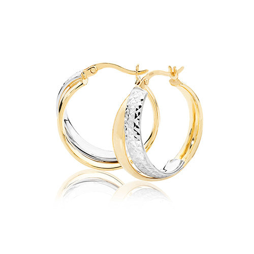 9ct Yellow And White Gold 18mm Jumbo Two Tone Band Diamond Cut Hoop Earrings - E Bixby Jewellers