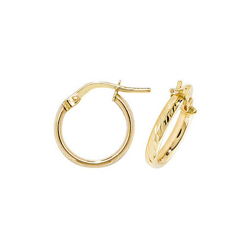 9ct Yellow Gold 10mm Diamond Cut Hoop Earrings - E Bixby Jewellers