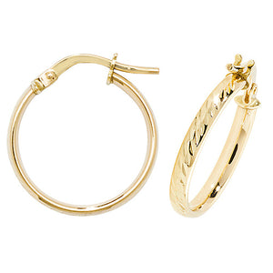 9ct Yellow Gold 15mm Diamond Cut Hoop Earrings - E Bixby Jewellers