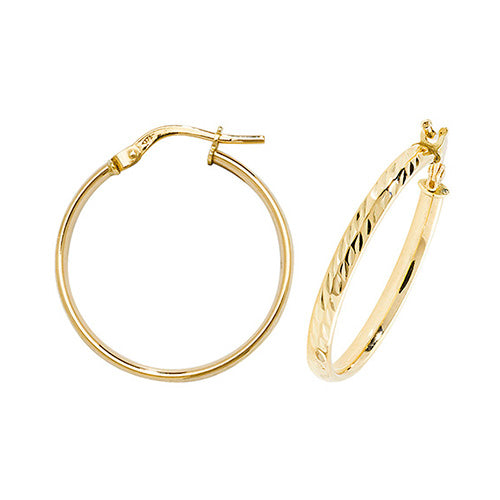 9ct Yellow Gold 20mm Diamond Cut Hoop Earrings - E Bixby Jewellers