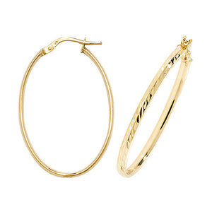 9ct Yellow Gold Large Oval Diamond Cut Hoop Earrings - E Bixby Jewellers