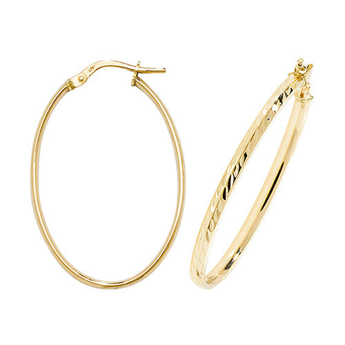 9ct Yellow Gold Large Oval Diamond Cut Hoop Earrings - E Bixby Jewellers