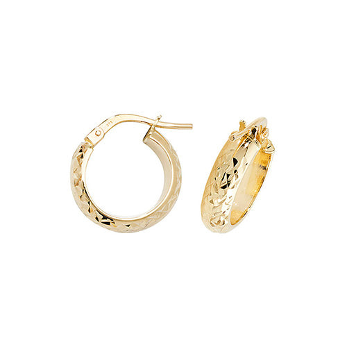 9ct Yellow Gold 10mm Diamond Cut Hoop Earrings - E Bixby Jewellers