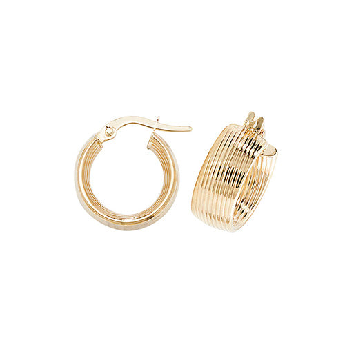 9ct Yellow Gold 10mm Wide Ridge Plain Hoop Earrings - E Bixby Jewellers