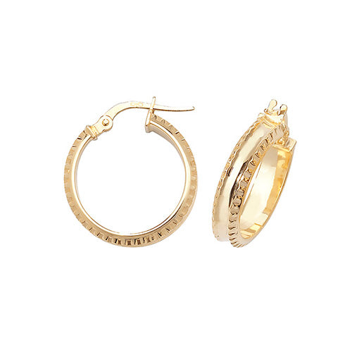 9ct Yellow Gold 15mm Diamond Cut Edge Hoop Earrings - E Bixby Jewellers