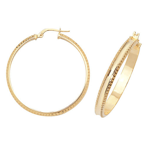 9ct Yellow Gold 30mm Diamond Cut Edge Hoop Earrings - E Bixby Jewellers