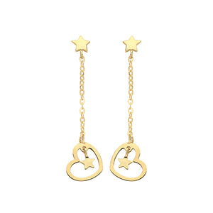9ct Yellow Gold Heart & Star Drop Earrings - E Bixby Jewellers