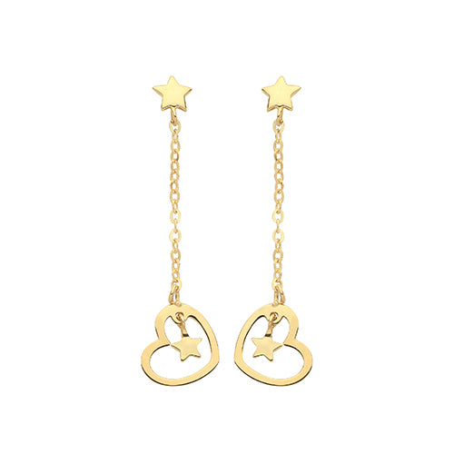 9ct Yellow Gold Heart & Star Drop Earrings - E Bixby Jewellers