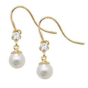 9ct Yellow Gold Pearl CZ Fish Hook Drop Earrings - E Bixby Jewellers
