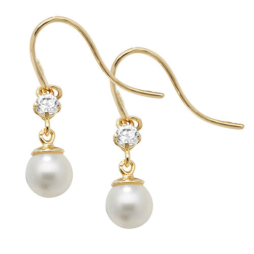 9ct Yellow Gold Pearl CZ Fish Hook Drop Earrings - E Bixby Jewellers