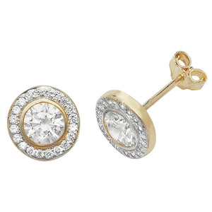 9ct Yellow Gold Halo Round CZ Stud Earrings - E Bixby Jewellers