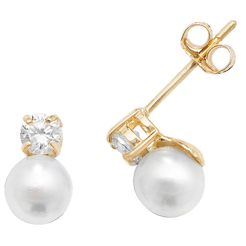 9ct Yellow Gold Pearl & CZ Stud Earrings - E Bixby Jewellers