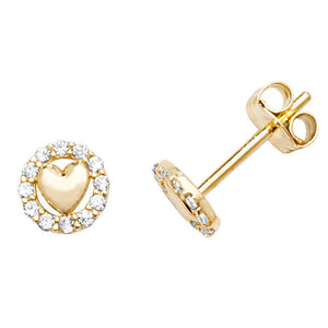 9ct Yellow Gold Heart & CZ Circle Stud Earrings - E Bixby Jewellers