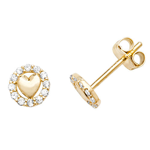 9ct Yellow Gold Heart & CZ Circle Stud Earrings - E Bixby Jewellers