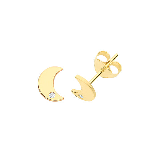 9ct Yellow Gold Moon & Single CZ Stud Earrings - E Bixby Jewellers