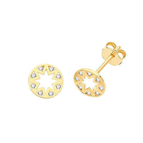 9ct Yellow Gold CZ Star Circle Stud Earrings - E Bixby Jewellers