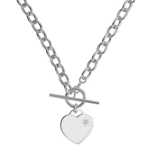 Silver T-Bar Necklet With Cubic Zirconia Stone Set Heart 17" - E Bixby Jewellers