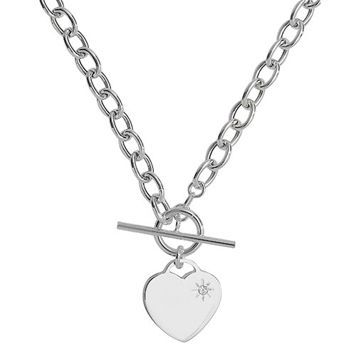 Silver T-Bar Necklet With Cubic Zirconia Stone Set Heart 17