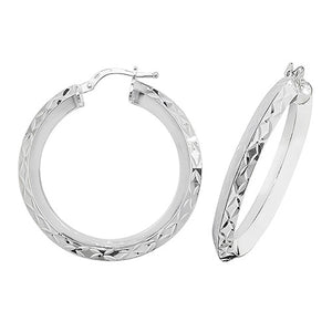 Silver 25mm V-Shape Diamond Cut Hoop Earrings - E Bixby Jewellers