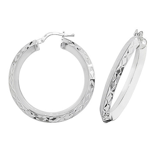 Silver 25mm V-Shape Diamond Cut Hoop Earrings - E Bixby Jewellers