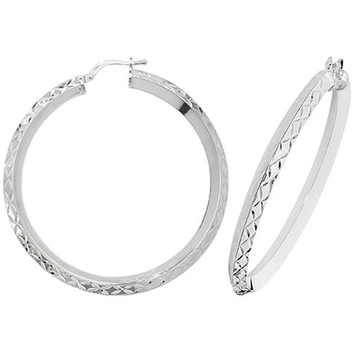Silver 40mm V-Shape Diamond Cut Hoop Earrings - E Bixby Jewellers