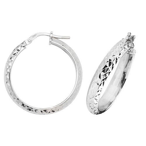 Silver 20mm D-Shape Diamond Cut Hoop Earrings - E Bixby Jewellers